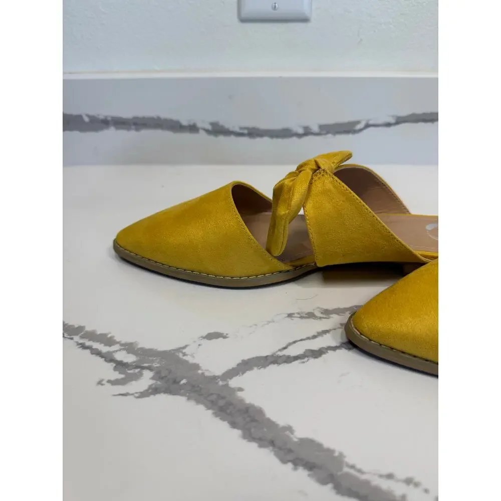 Women's Telulah Bow Slip On Flat Mules Yellow Faux Suede‎ Size 10